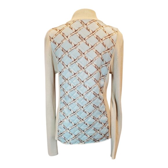 J. McLaughlin SZ L Quilted Silk Bamboo Print Sweater Jacket in Cream & Blue - Picture 5 of 9